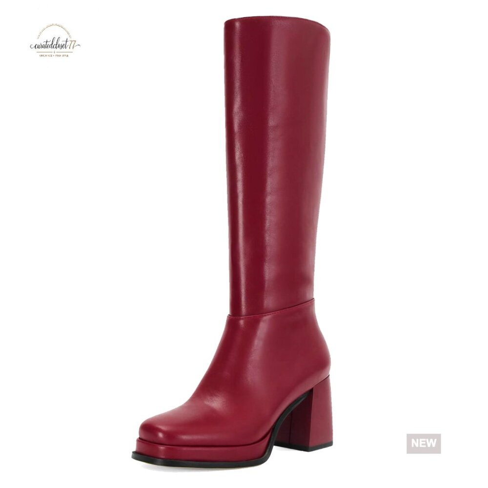 Women's Knee High Boots Chunky Heel Square Toe Riding Boots Side Zipper